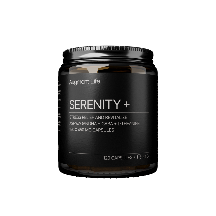 Black supplement container labeled 'Serenity+' by Augment Life on a white background
