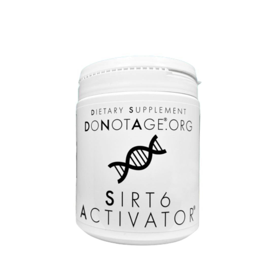 White container labeled 'SIRT6 Activator' from DONOTAGE.ORG on a white background