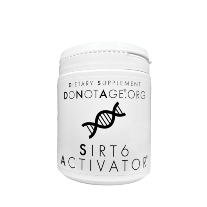 White container labeled 'SIRT6 Activator' from DONOTAGE.ORG on a white background