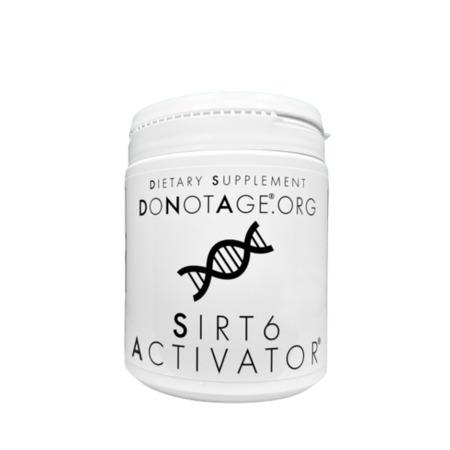 White container labeled 'SIRT6 Activator' from DONOTAGE.ORG on a white background