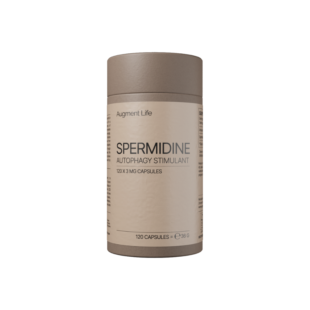 Beige supplement container labeled 'Spermidine Autophagy Stimulant' on a white background