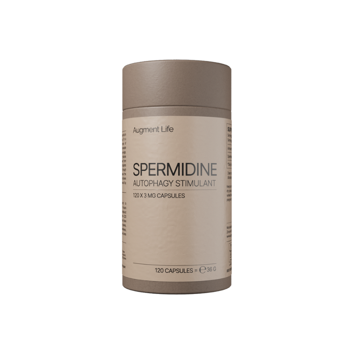 Beige supplement container labeled 'Spermidine Autophagy Stimulant' on a white background