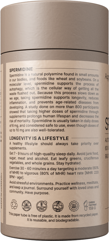 Back view of Spermidine 8 mg capsules showing information for spermidine and for healthy aging