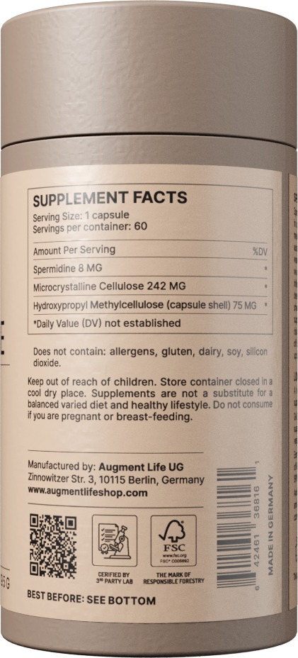 Back view of Spermidine 8 mg capsules showing dosage and ingredients