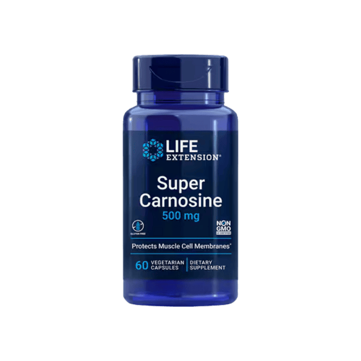 Blue bottle of Super Carnosine 500mg, 60 vegetarian capsules