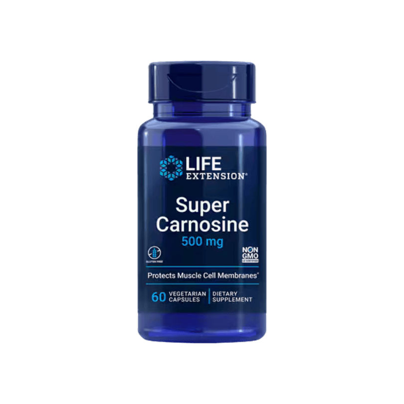 Blue bottle of Super Carnosine 500mg, 60 vegetarian capsules