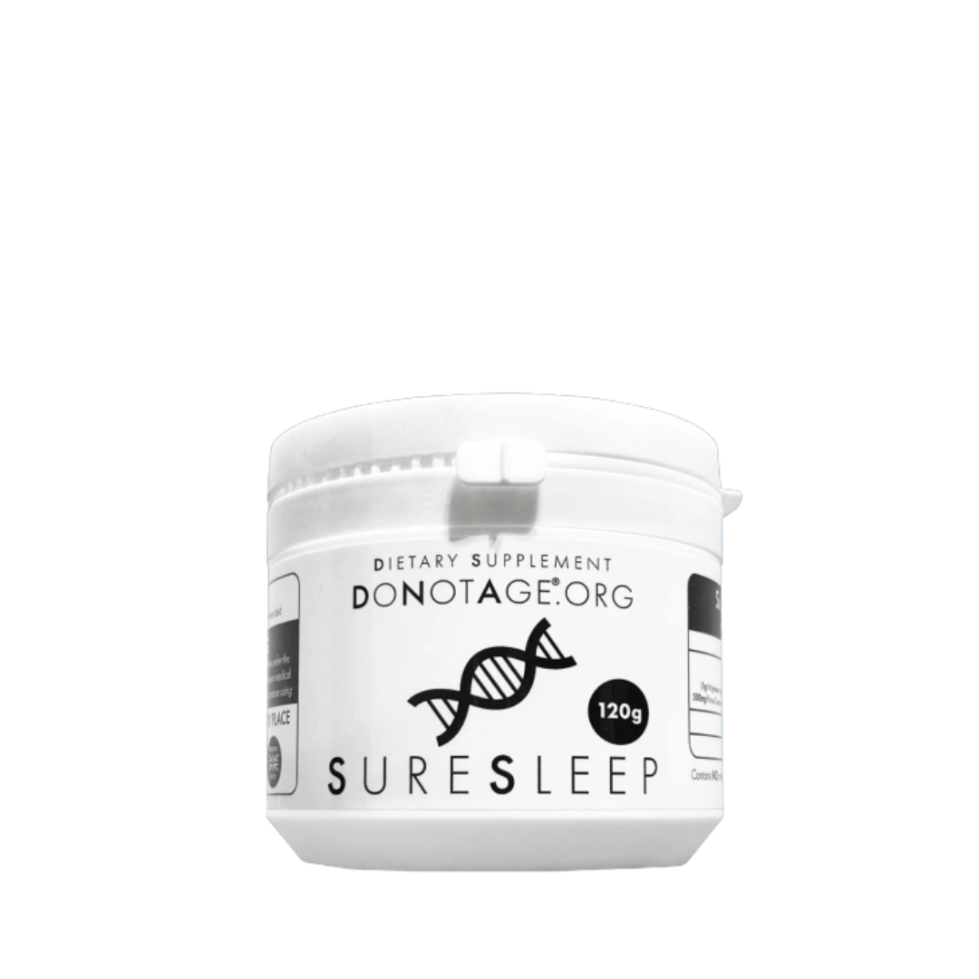 White container of Suresleep dietary supplement by Donotage on a white background