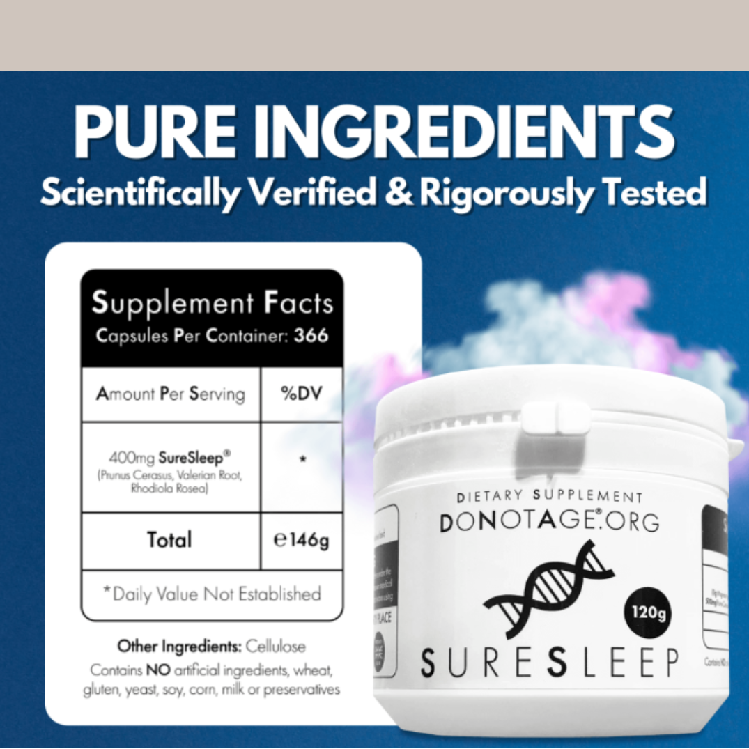 Suresleep supplement container with supplements facts label and Donotage branding on a blue background.