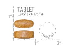 A small product diagram showing two brown oval tablets, dimensions labeled 1 inch by 0.875 inches by 0.