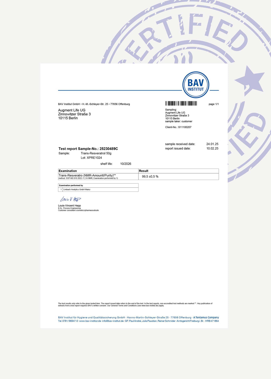 Third-party certificate of analysis for Trans-Resveratrol Powder >99.5% purity – verified quality