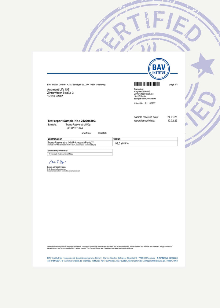 Third-party certificate of analysis for Trans-Resveratrol Powder >99.5% purity – verified quality
