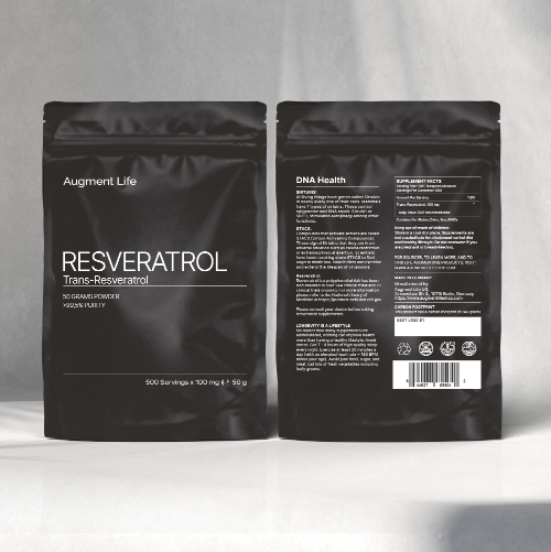 Front and back view of Trans-Resveratrol Powder packaging – high-purity longevity supplement