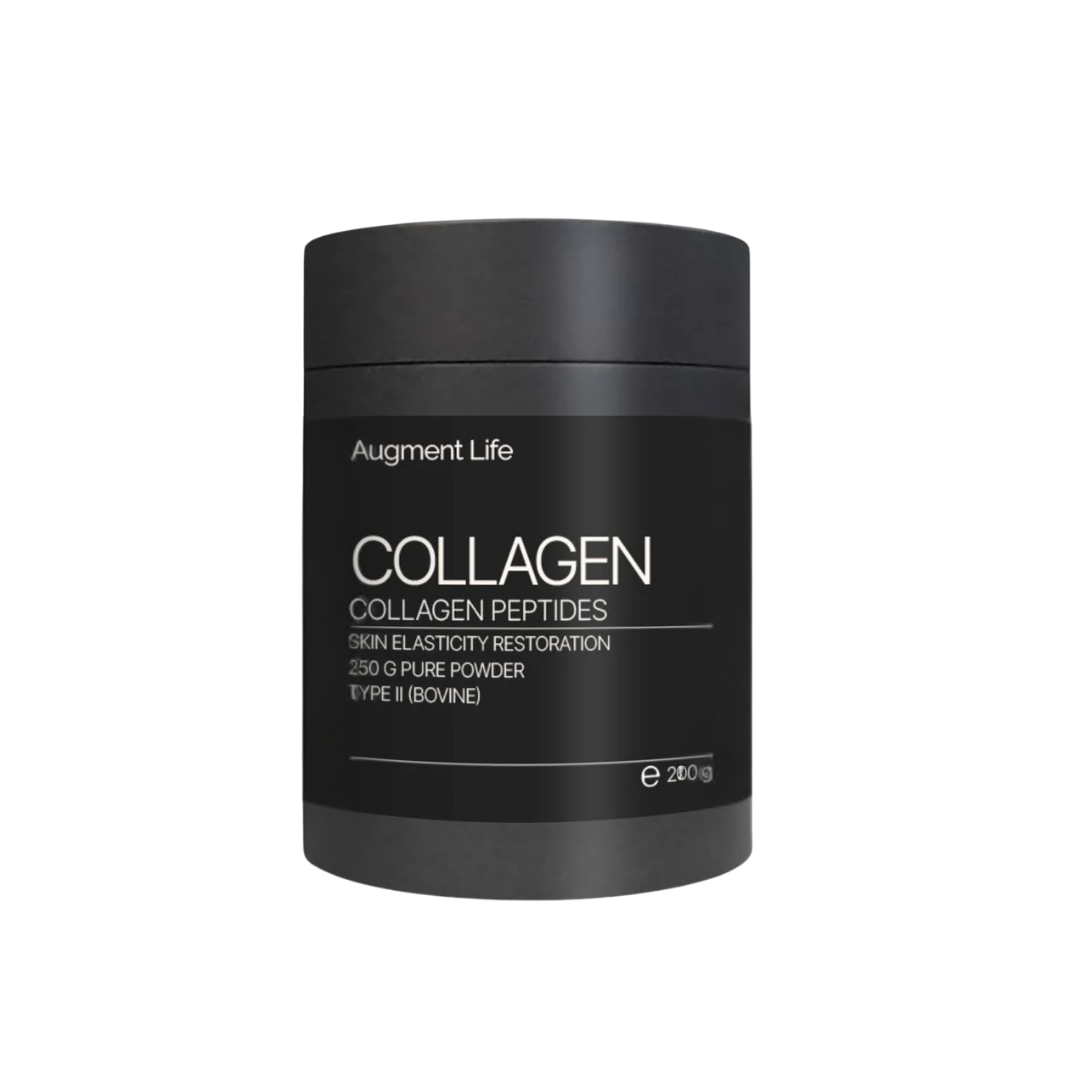 Black container of Augment Life Collagen Peptides on a white background