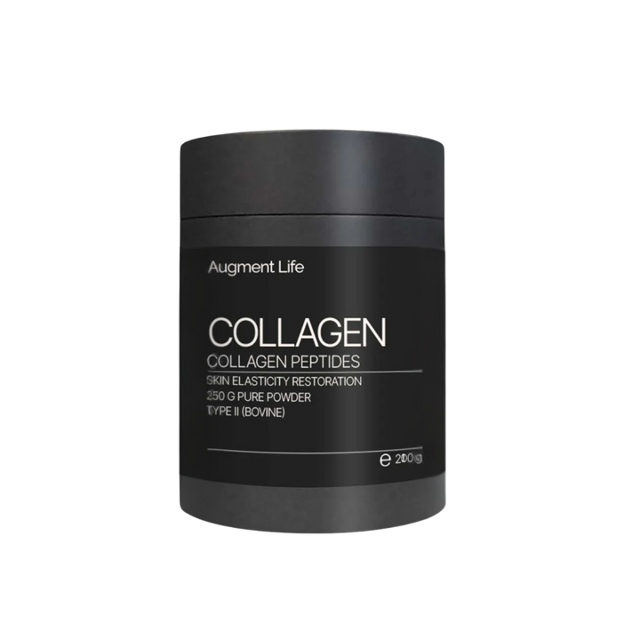 Black container of Augment Life Collagen Peptides on a white background