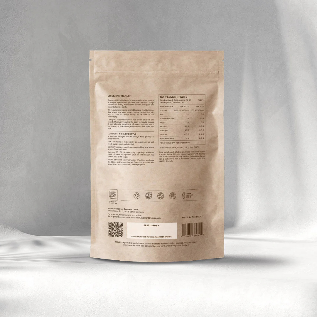 Kraft paper supplement package with nutritional information on a gray background