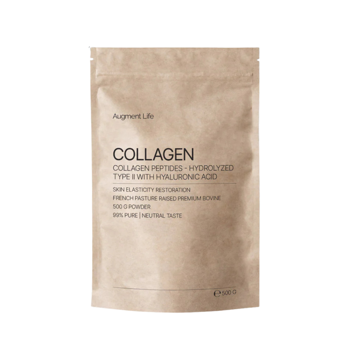 Beige package of Augment Life Collagen Peptides on a white background