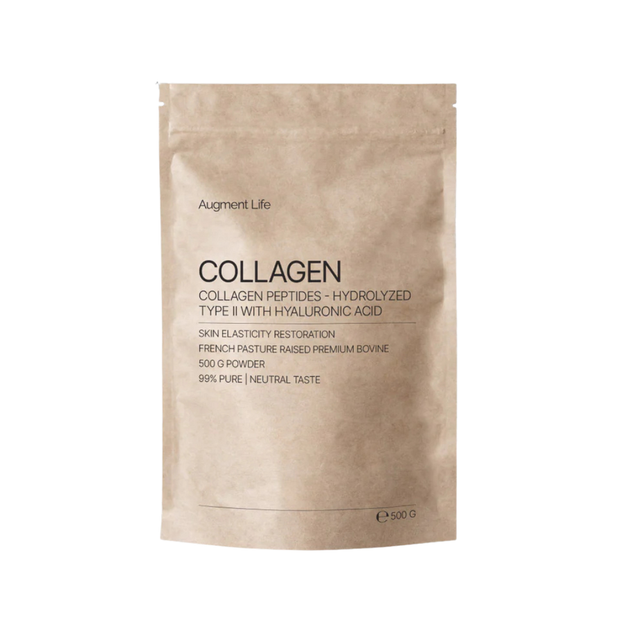 Beige package of Augment Life Collagen Peptides on a white background