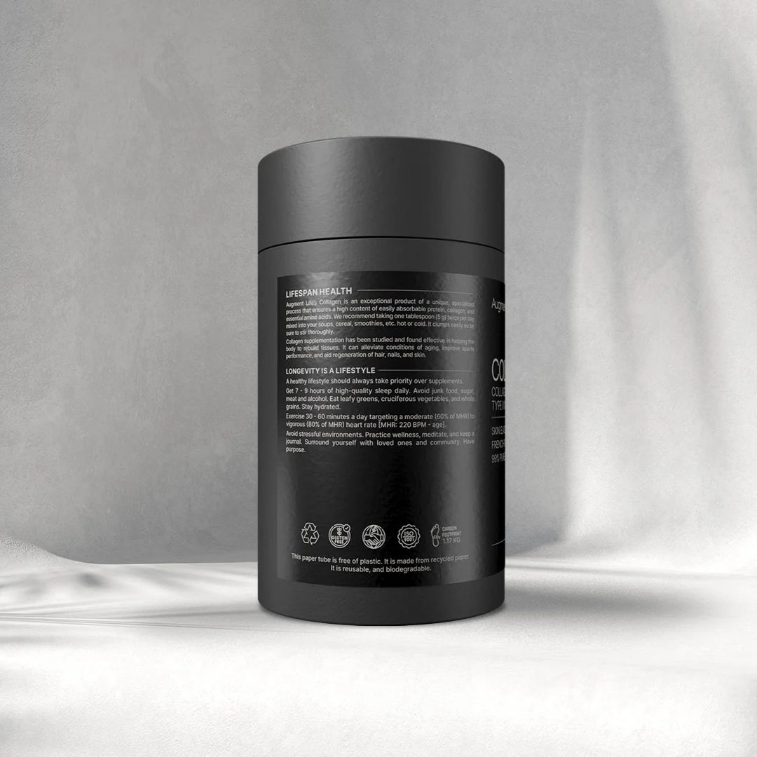 Black cylindrical container with text on a gray background