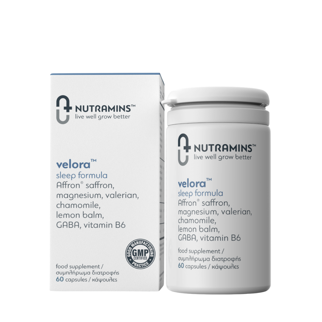 Nutramins Velora™ Sleep Formula bottle – herbal sleep supplement with magnesium, GABA, and vitamin B6