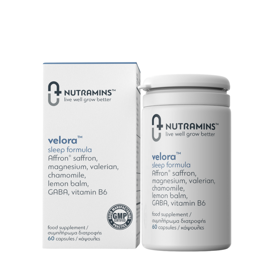 Nutramins Velora™ Sleep Formula bottle – herbal sleep supplement with magnesium, GABA, and vitamin B6