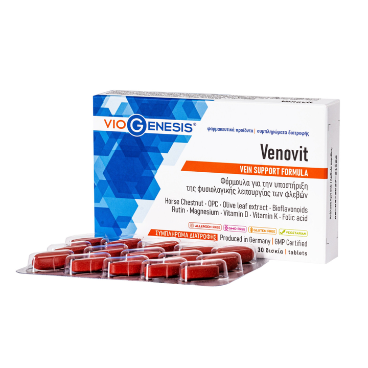Vio Genesis Venovit ven support formula packaging with red tablets on a white background