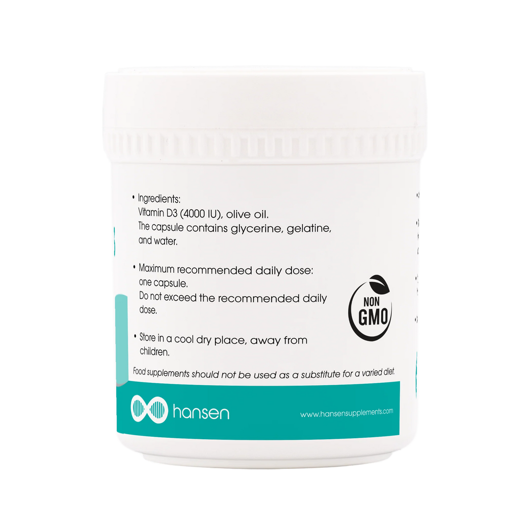 A white plastic bottle of Hansen Vitamin D3 dietary supplement with a teal and white label, featuring a 'Non GMO' logo and product instructions.