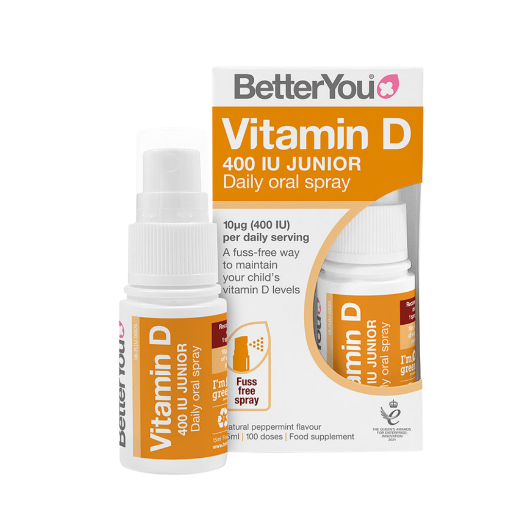 BetterYou Vitamin D 400 IU Junior Daily oral spray with packaging on a white background