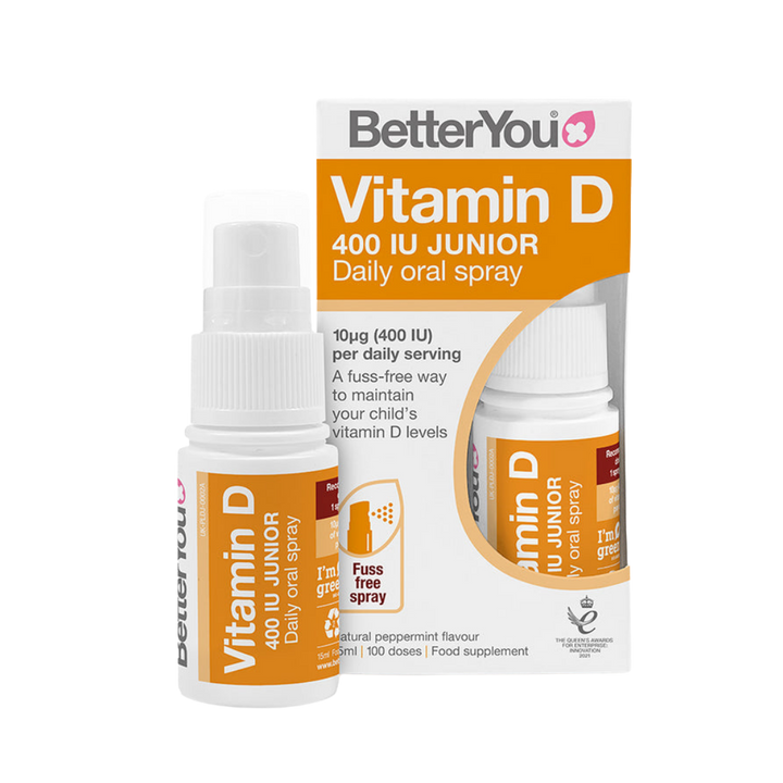 BetterYou Vitamin D 400 IU Junior Daily oral spray with packaging on a white background