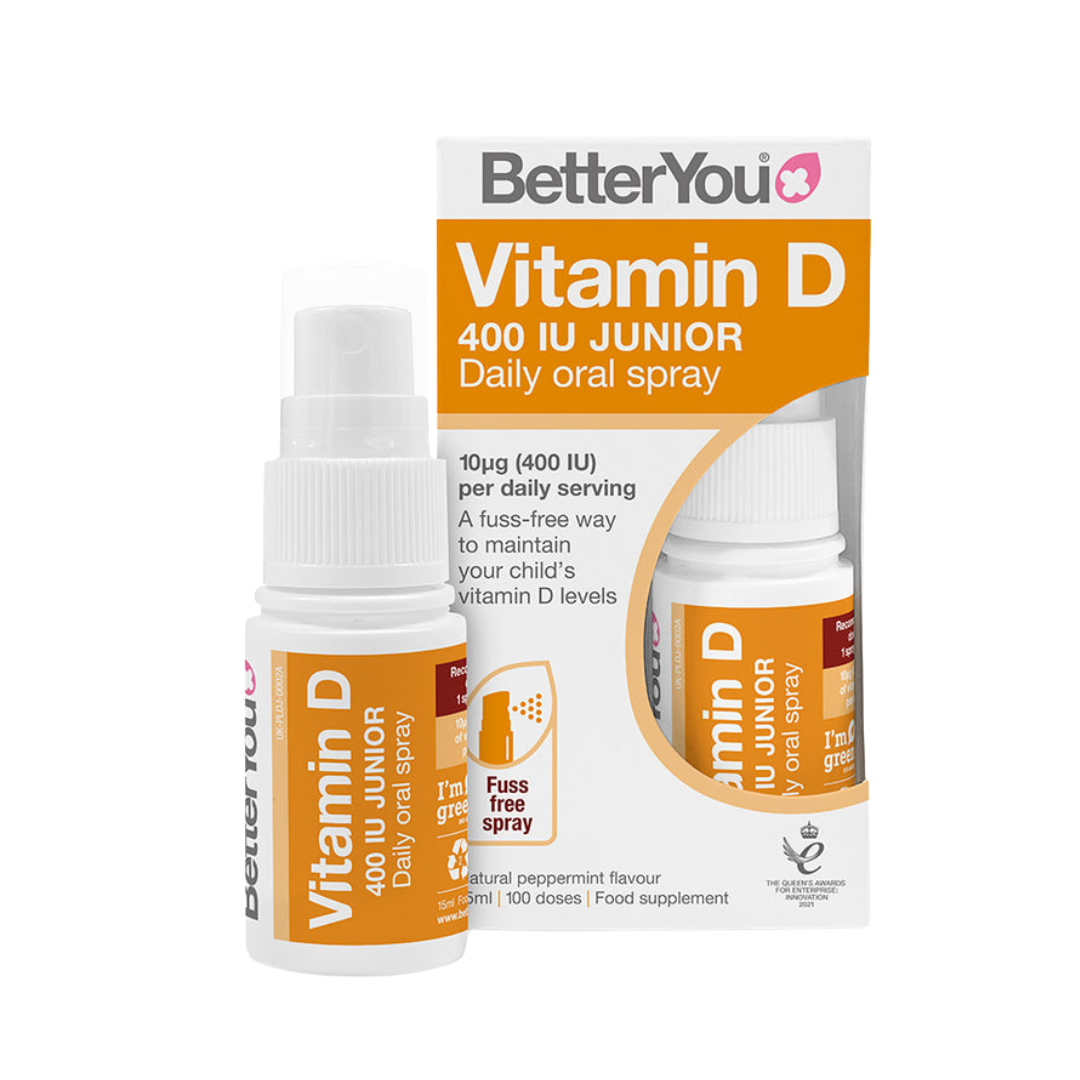 BetterYou Vitamin D 400 IU Junior Daily oral spray with packaging on a white background