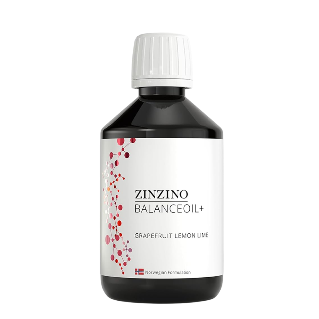 Bottle of Zinzino Balanceoil+ with a white cap on a white background