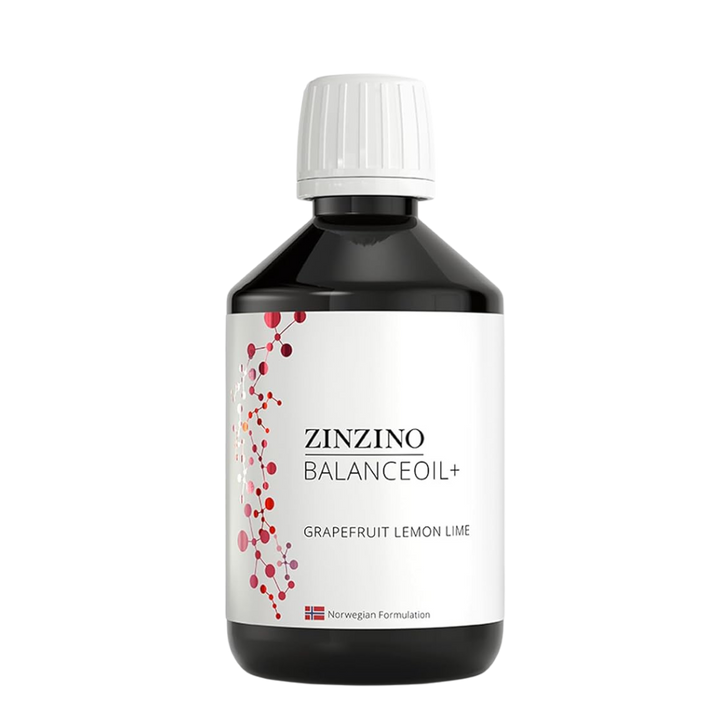 Bottle of Zinzino Balanceoil+ with a white cap on a white background